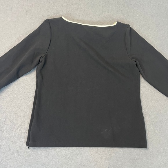 Talbots Petite Medium Black Boat Neck Top Ivory Trim Pearl Button Cuff Shirt NWI - Picture 7 of 9